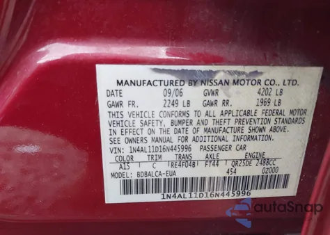 2006 Nissan Altima 2.5 S from USA, damaged, VIN 1N4AL11D16N445996